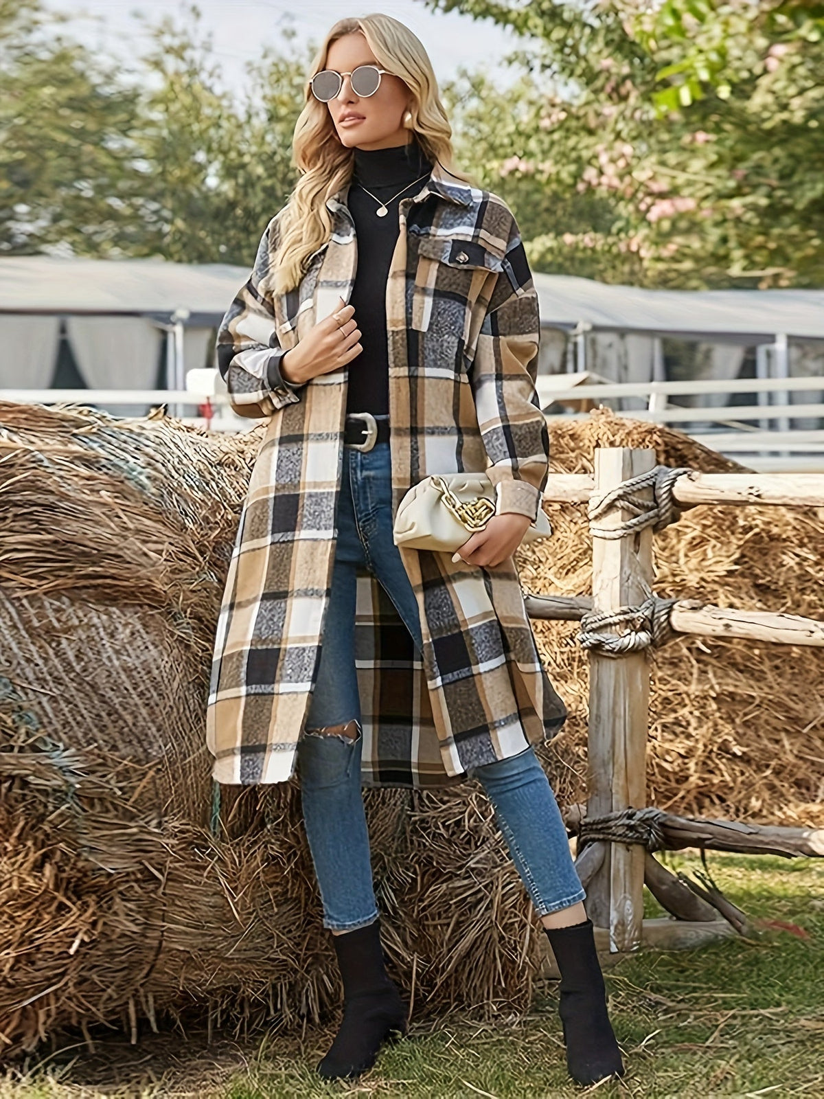 Women's Plaid Long Button-Up Coat with Chest Pockets