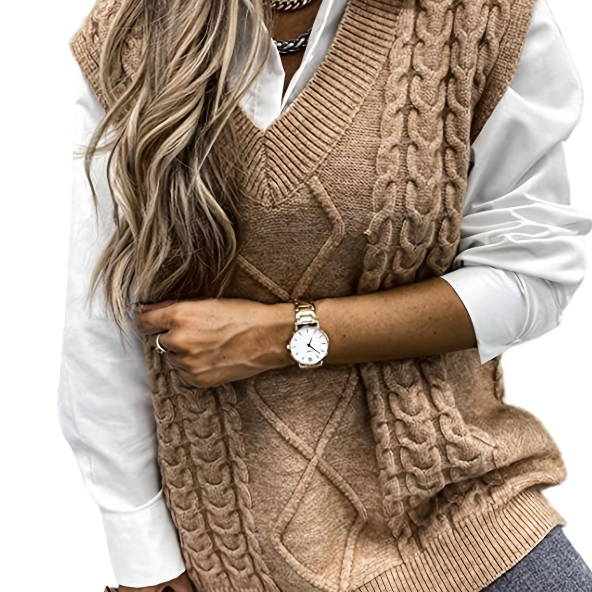 Women's V-Neck Cable Knit Sleeveless Sweater Vest