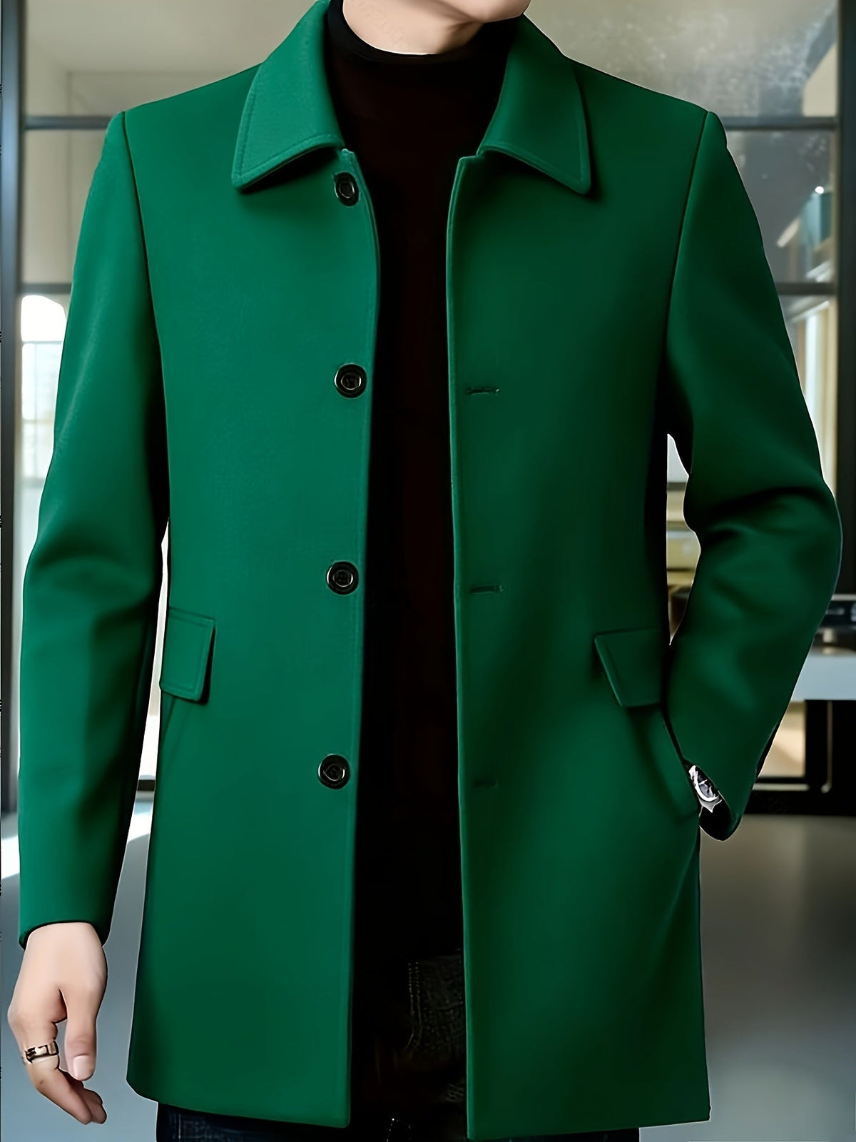 Men's Single-Breasted Refined Topcoat with Side Pockets