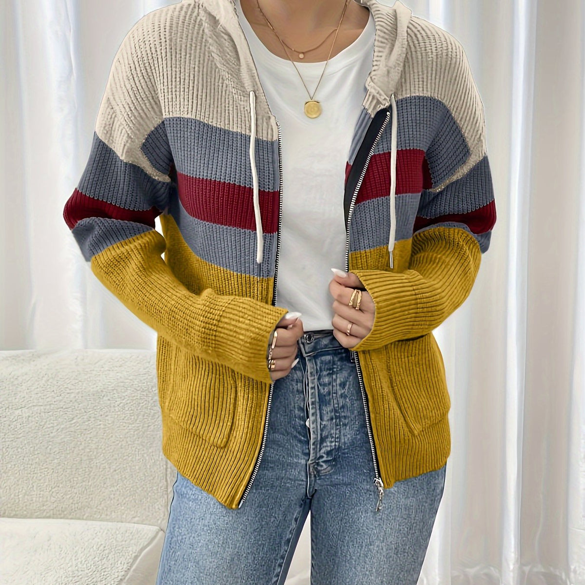 Women's Hooded Ribbed Knit Full-Zip Layering Cardigan