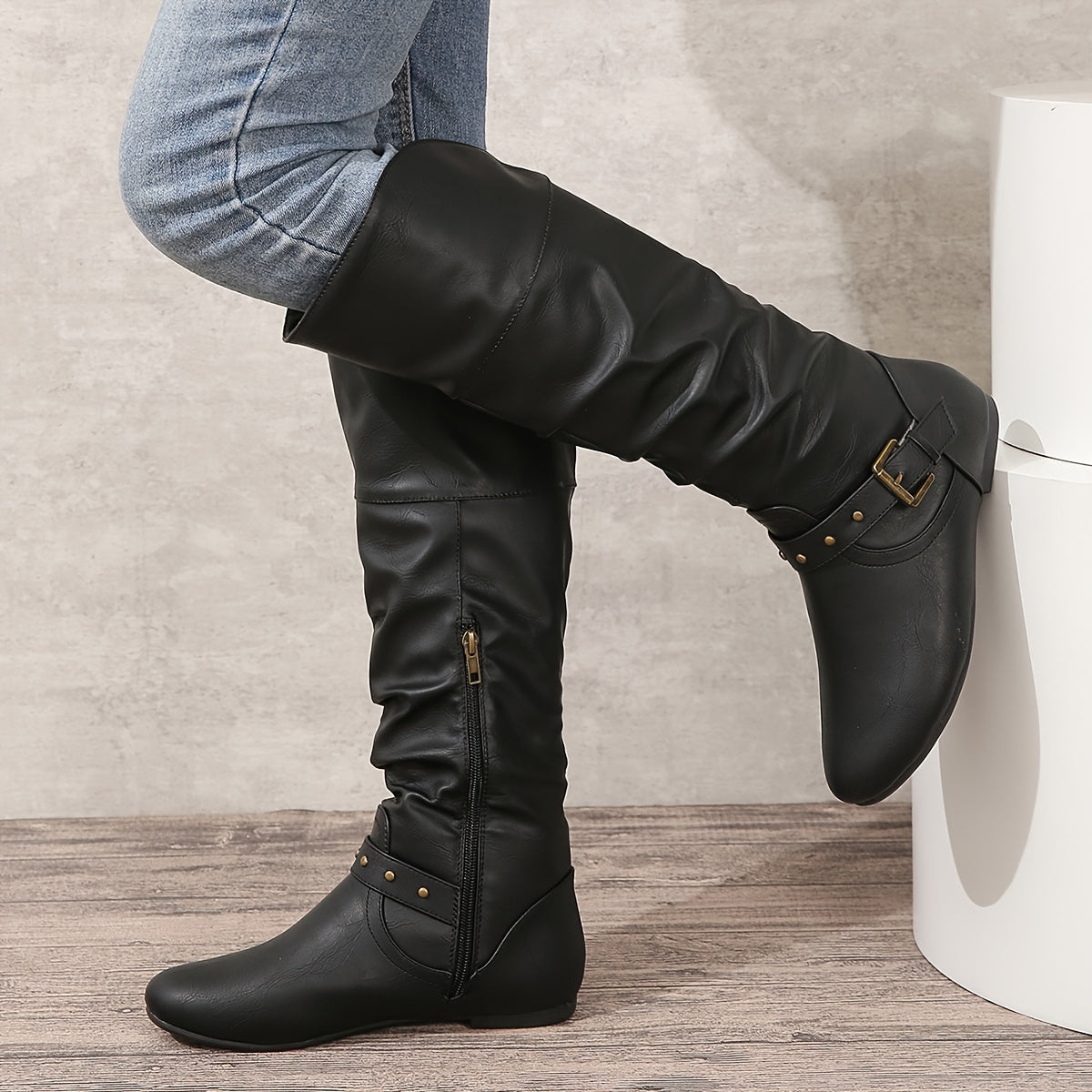 Women's Round Toe Flat Slouch Tall Boots