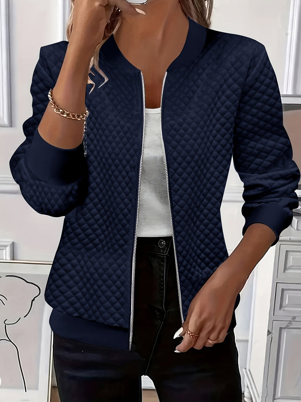 Women's Baseball Collar Diamond Texture Padded Jacket
