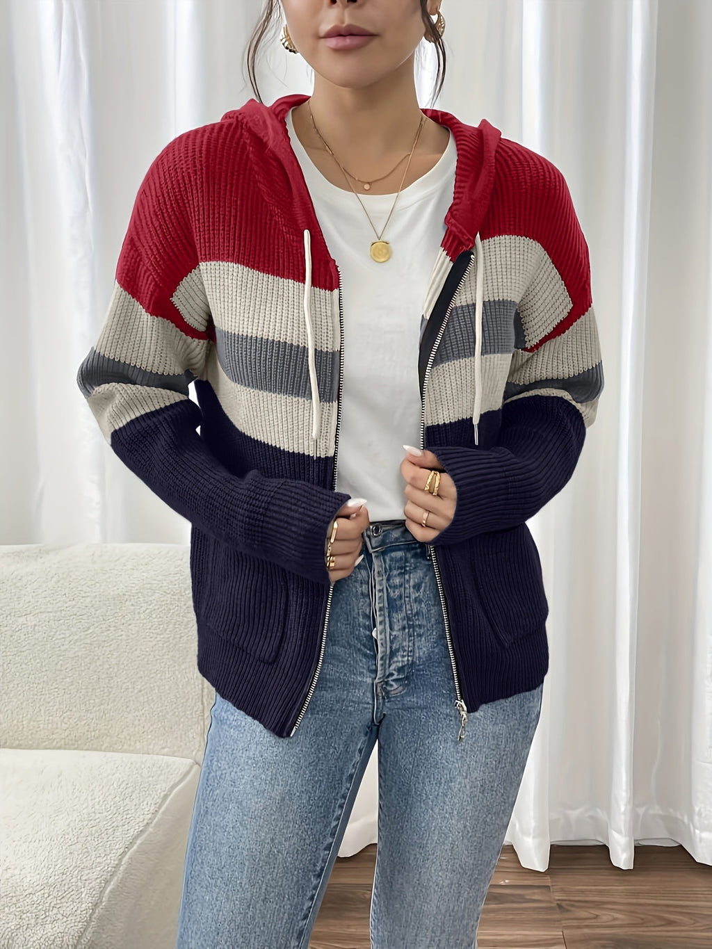 Women's Hooded Ribbed Knit Full-Zip Layering Cardigan