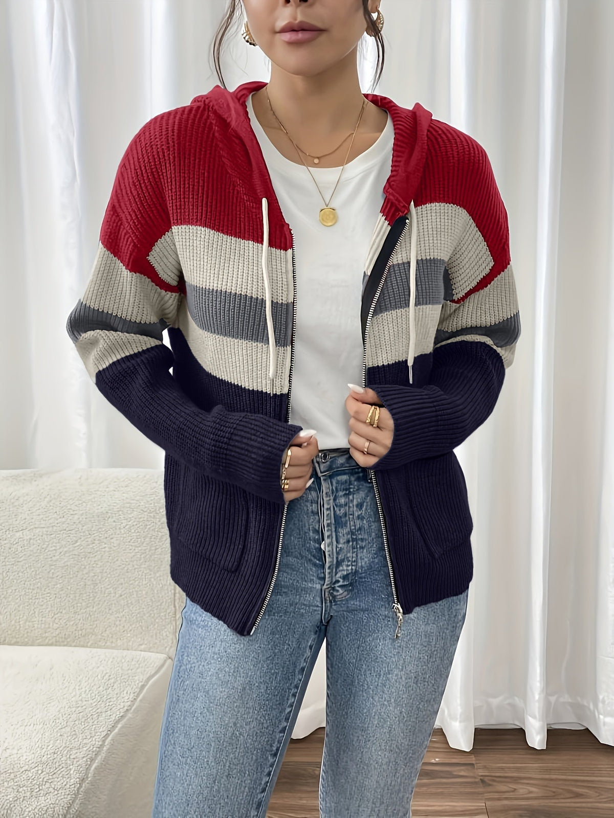 Women's Hooded Ribbed Knit Full-Zip Layering Cardigan