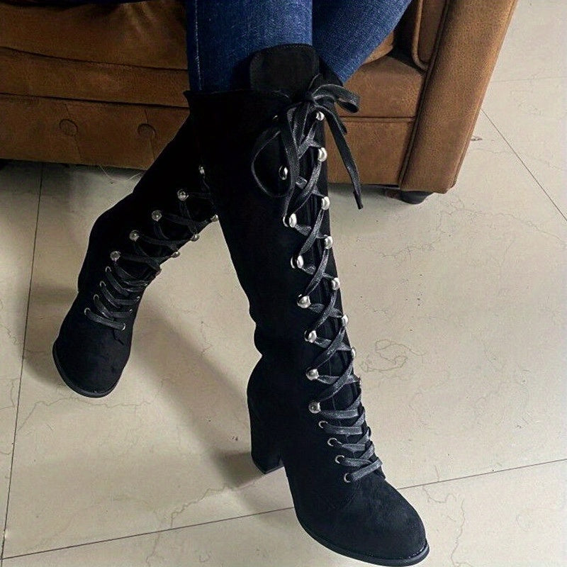 Women's Tall Boots with Front Lacing and Chunky Heel