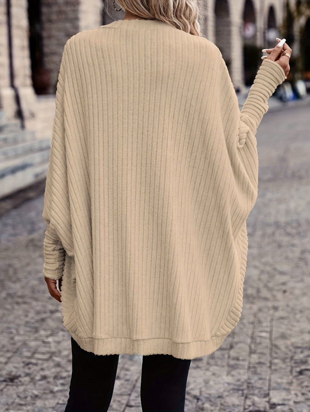 Women's Ribbed Draped Cardigan with Open Front