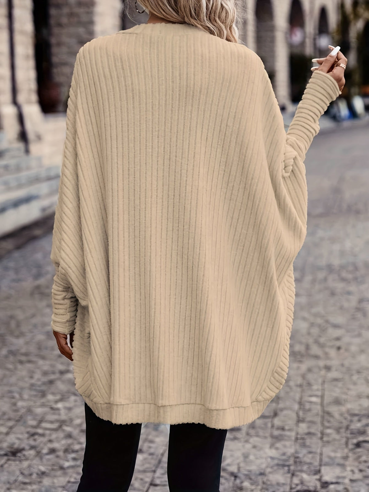 Women's Ribbed Draped Cardigan with Open Front