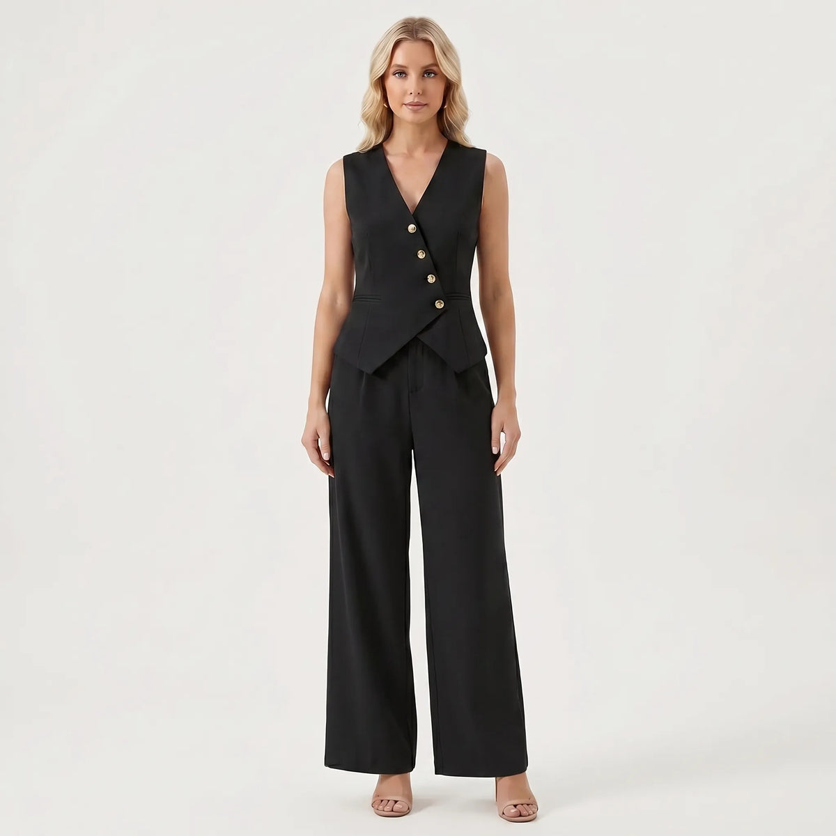 Women's Structured Button-Front Vest Wide Leg Pants Set