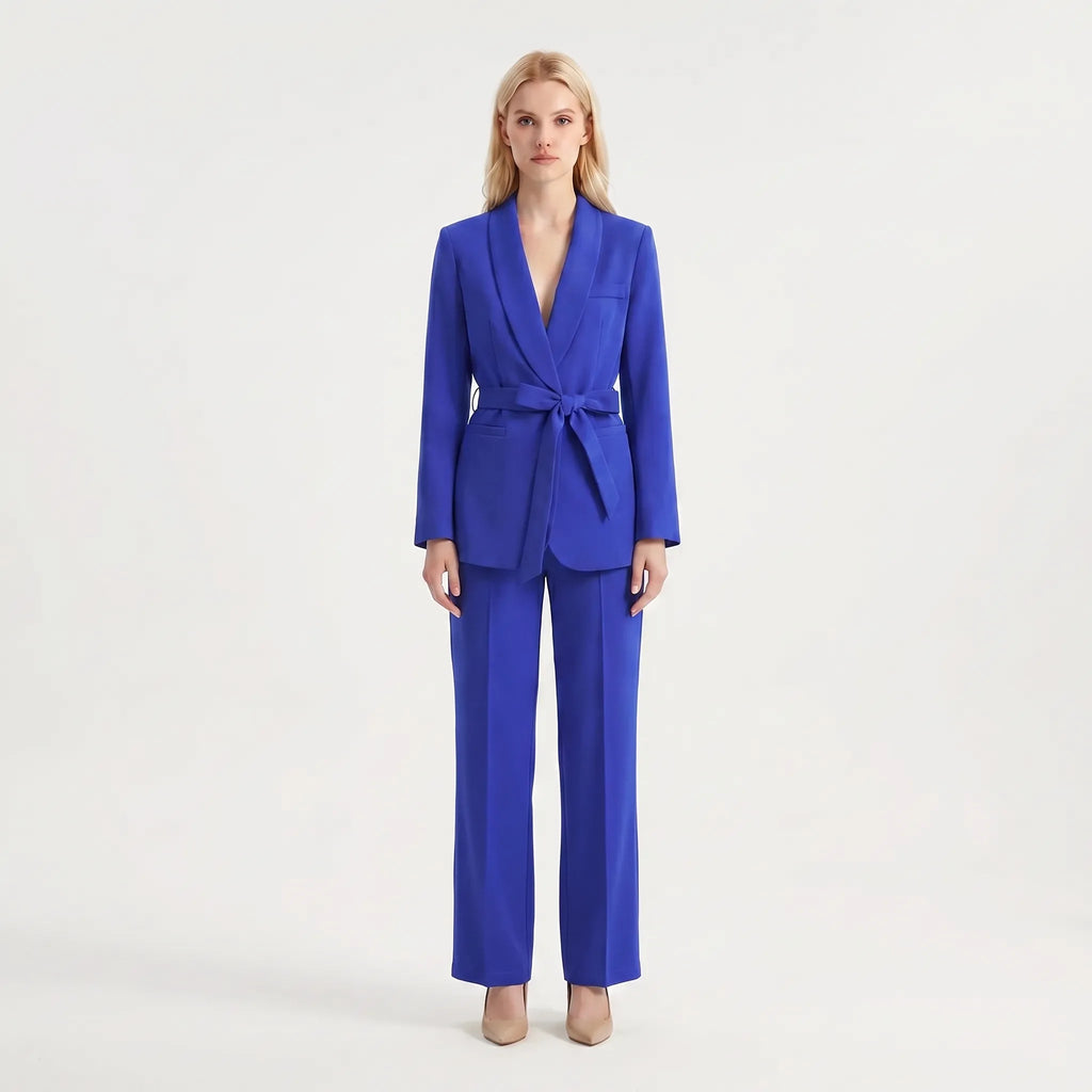 Women's Shawl Lapel Belted Blazer Wide Leg Pantsuit