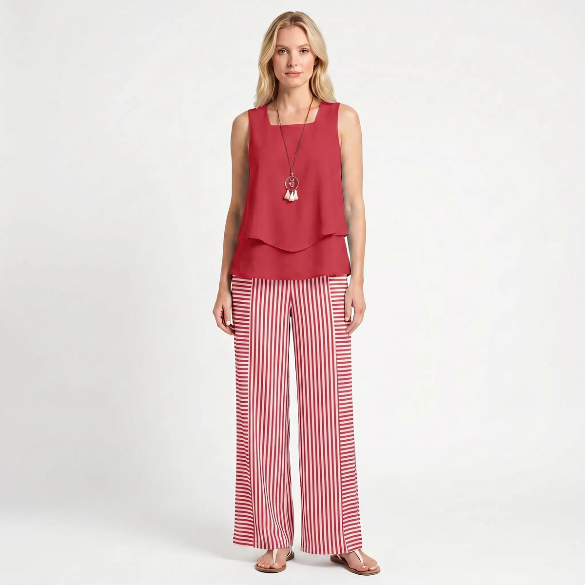 Women's Layered Sleeveless Top Printed Wide Leg Pants Set