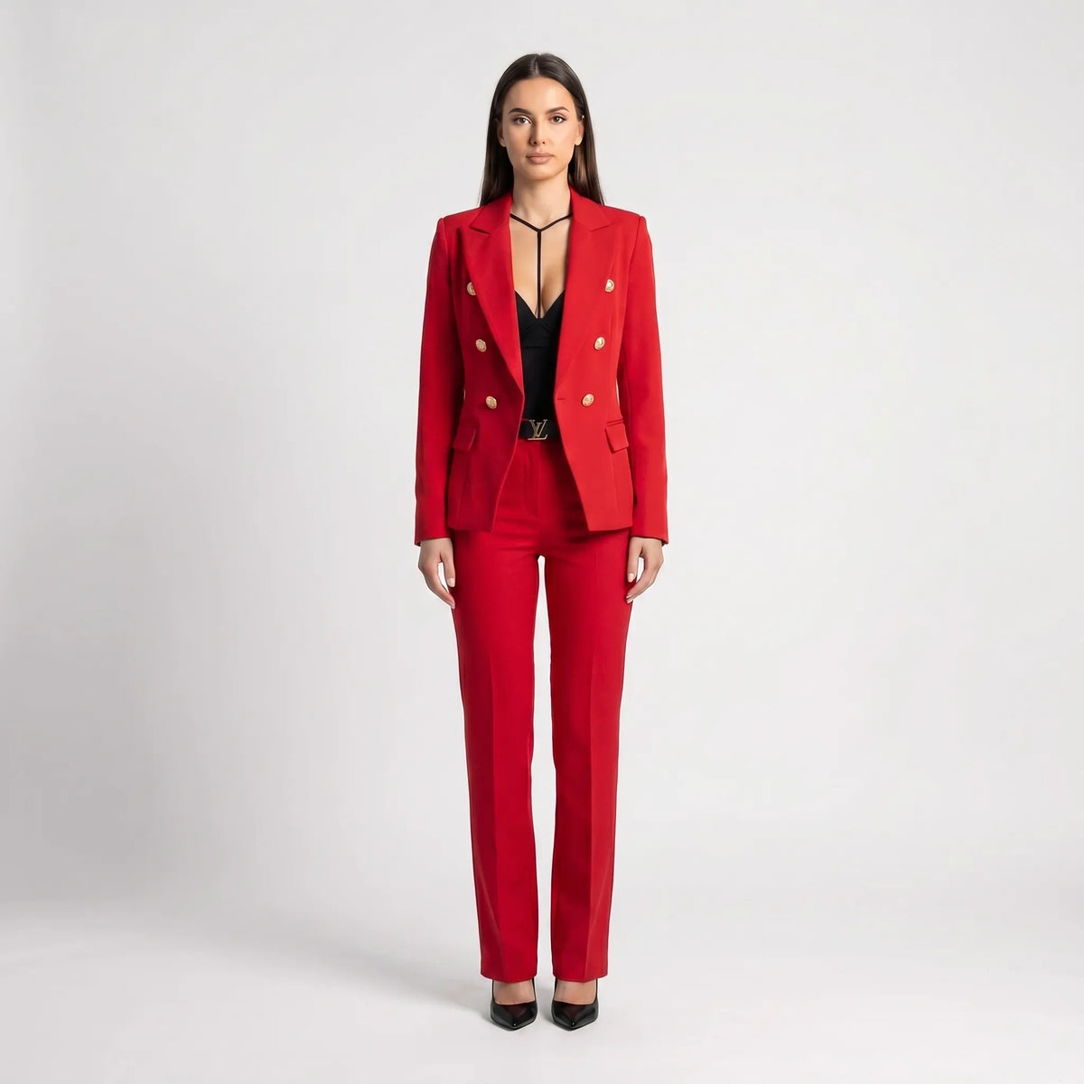 Women's Double Breasted Blazer Tailored Pants Suit Set