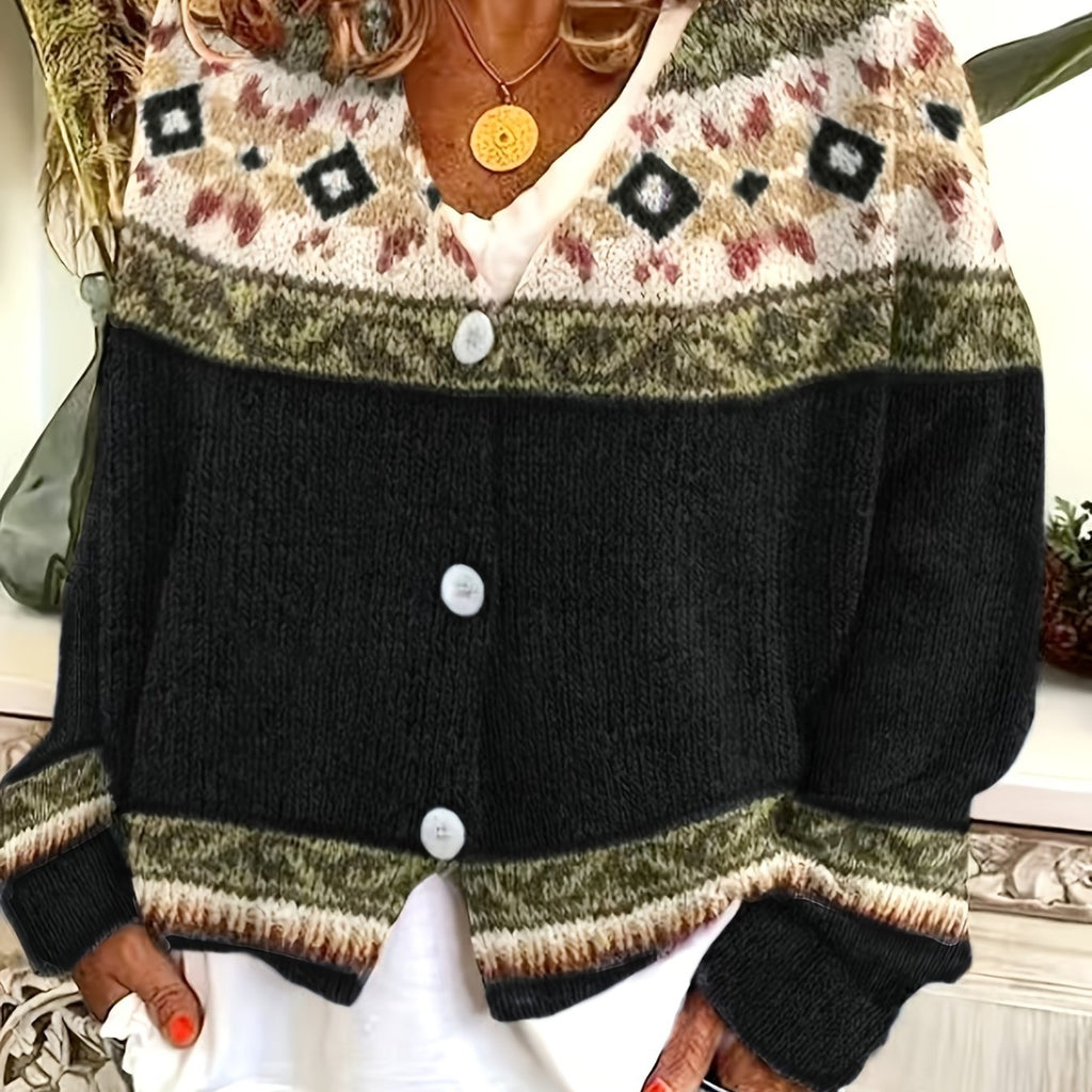 Women's Button-Up Cardigan with Patterned Geometric Yoke