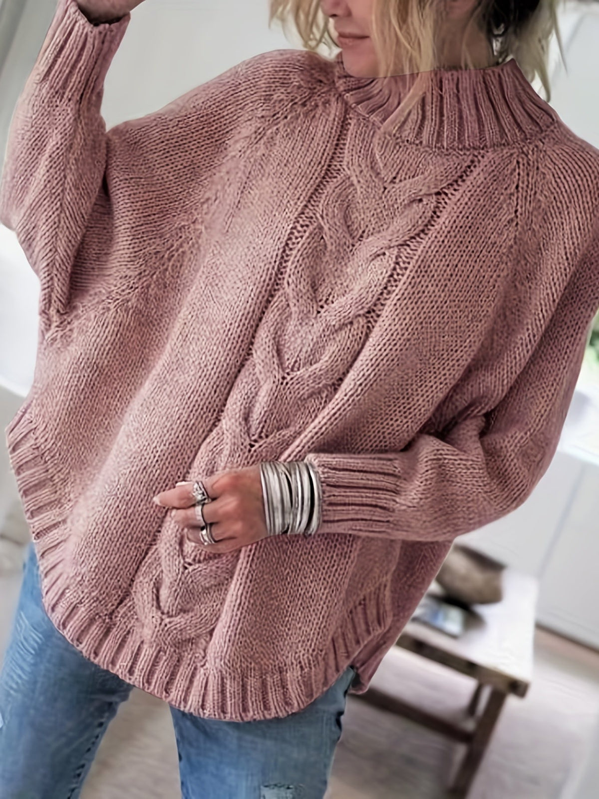 Women's Loose Fit High Neck Cable Knit Pullover
