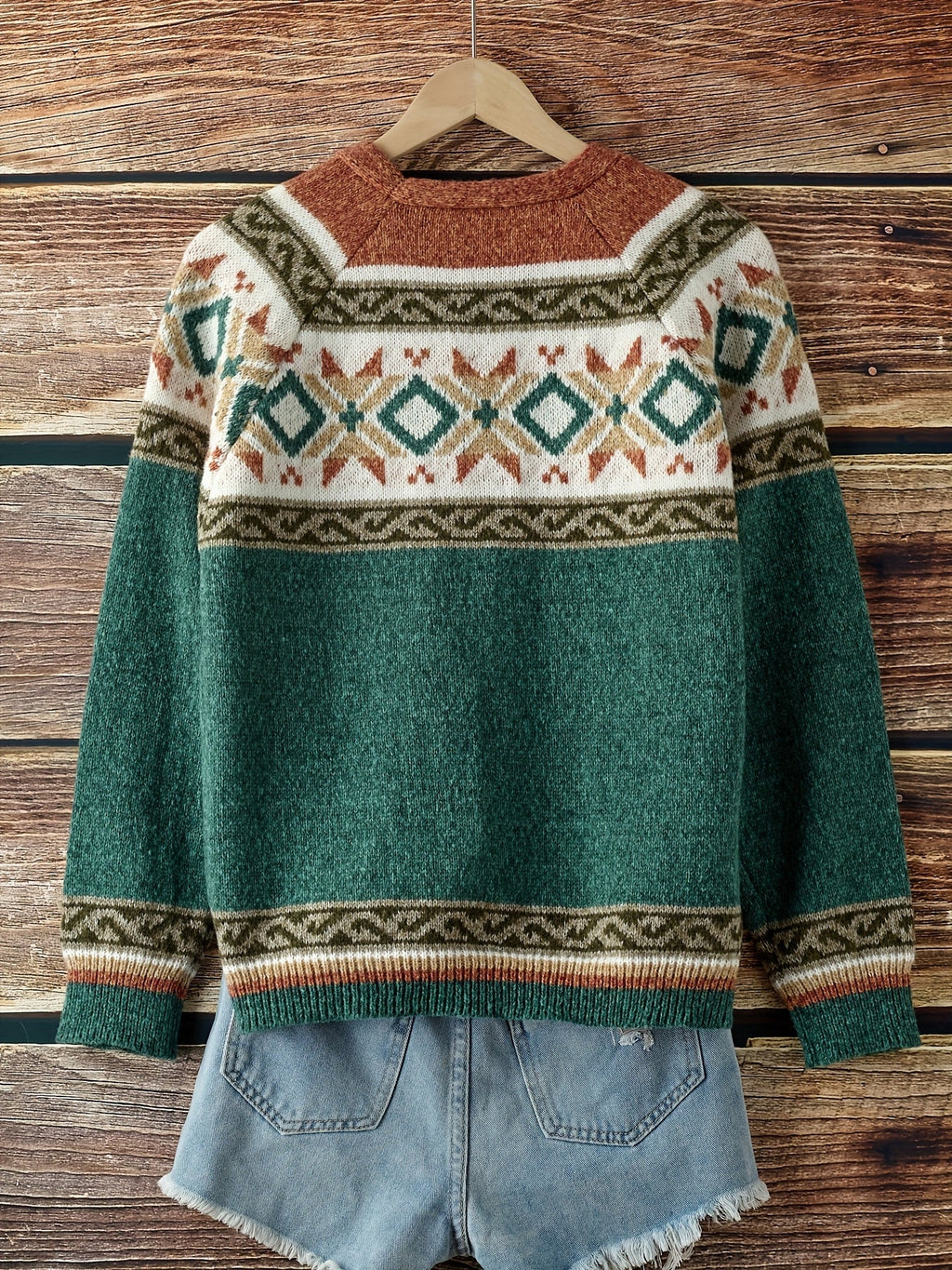 Women's Button-Up Cardigan with Patterned Geometric Yoke