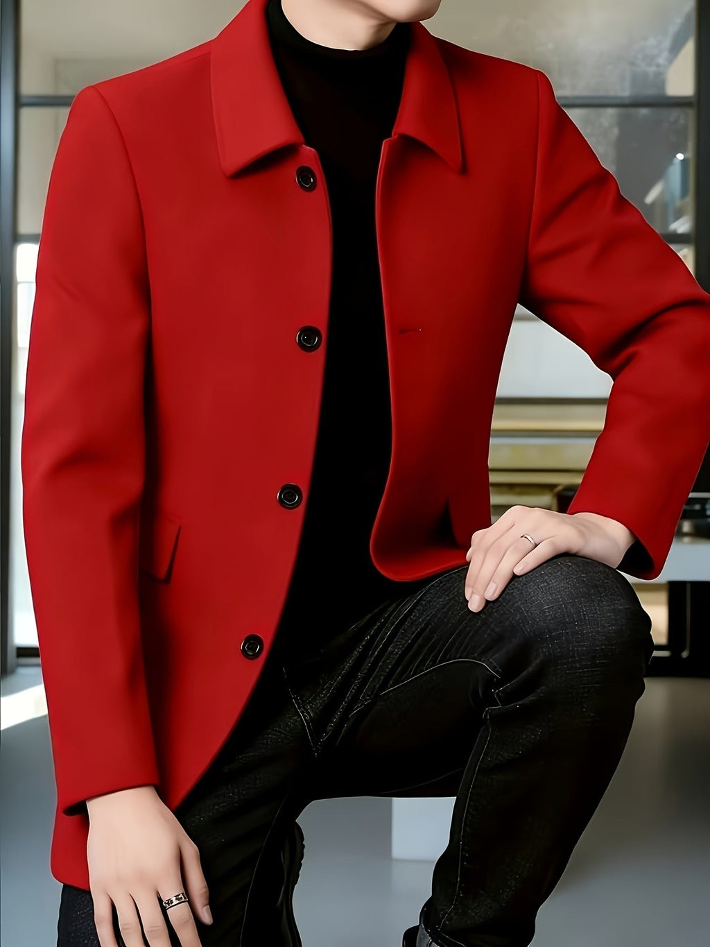 Men's Single-Breasted Refined Topcoat with Side Pockets