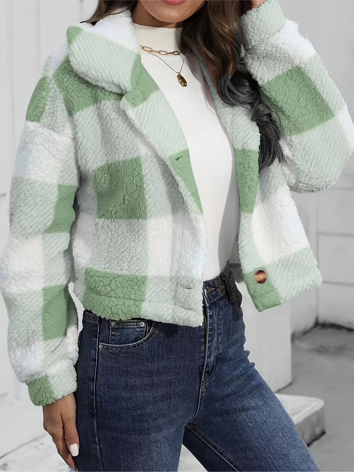 Women's Short Plaid Button-Up Coat