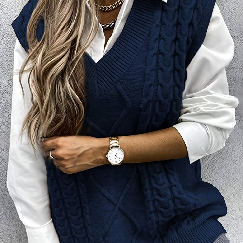 Women's V-Neck Cable Knit Sleeveless Sweater Vest