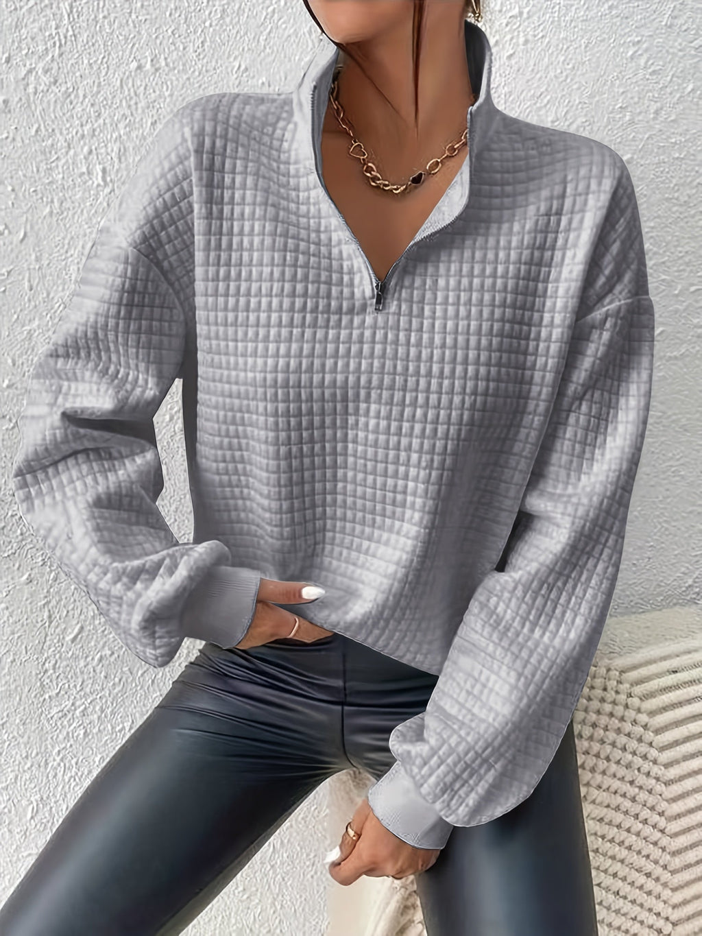 Women's Stand-Neck Textured Knit Sweater with Half Zip