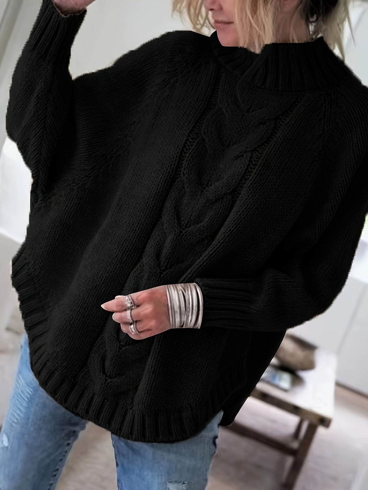 Women's Loose Fit High Neck Cable Knit Pullover