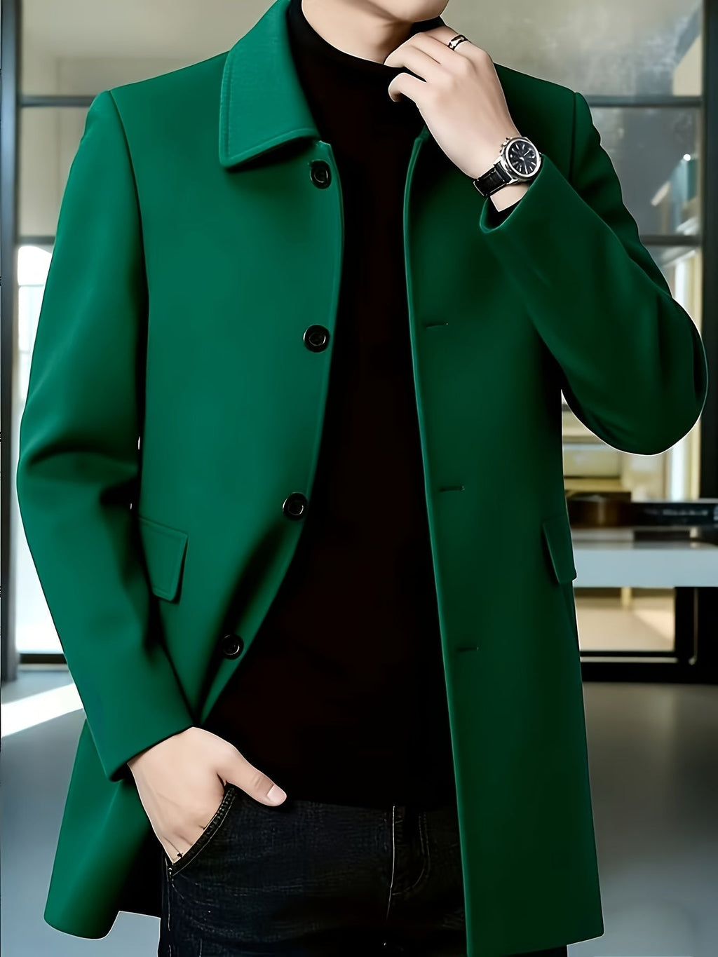 Men's Single-Breasted Refined Topcoat with Side Pockets