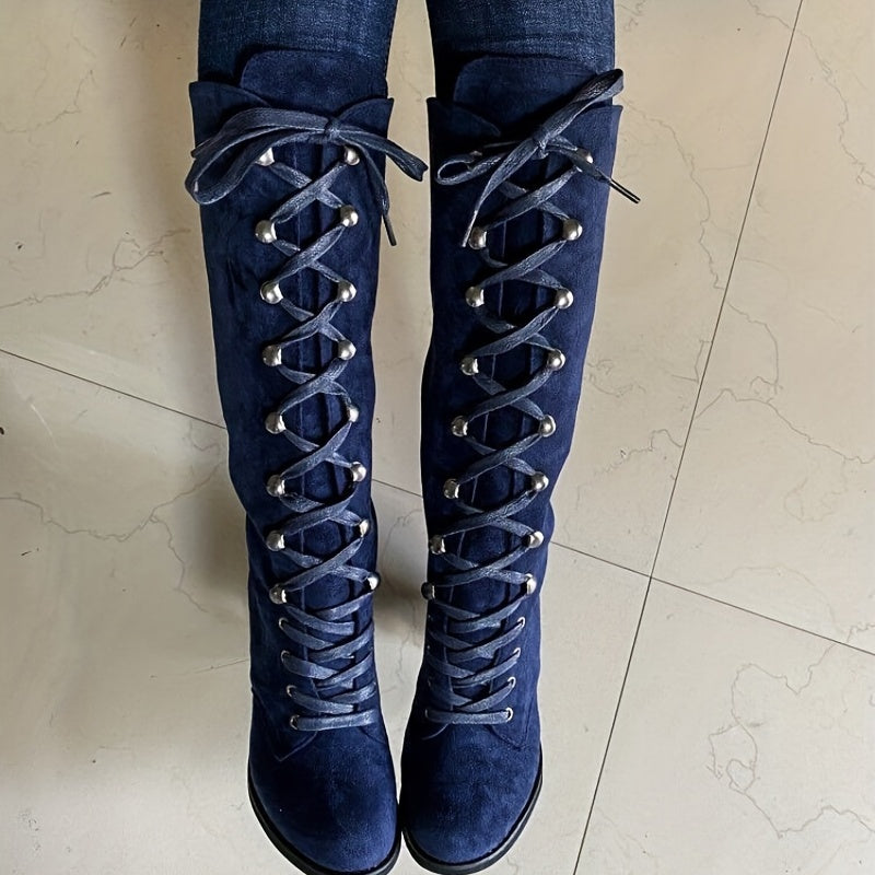 Women's Tall Boots with Front Lacing and Chunky Heel