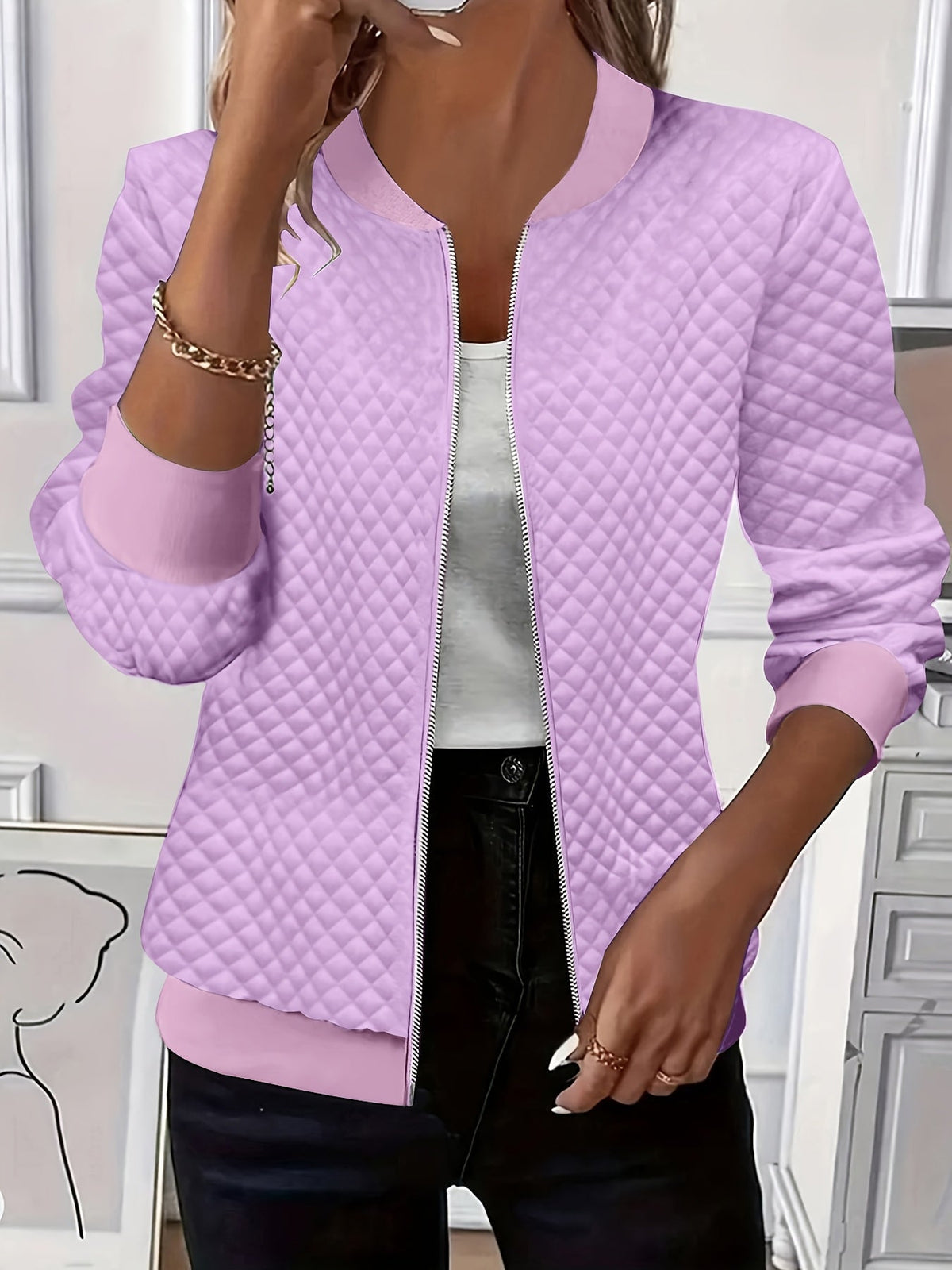 Women's Baseball Collar Diamond Texture Padded Jacket