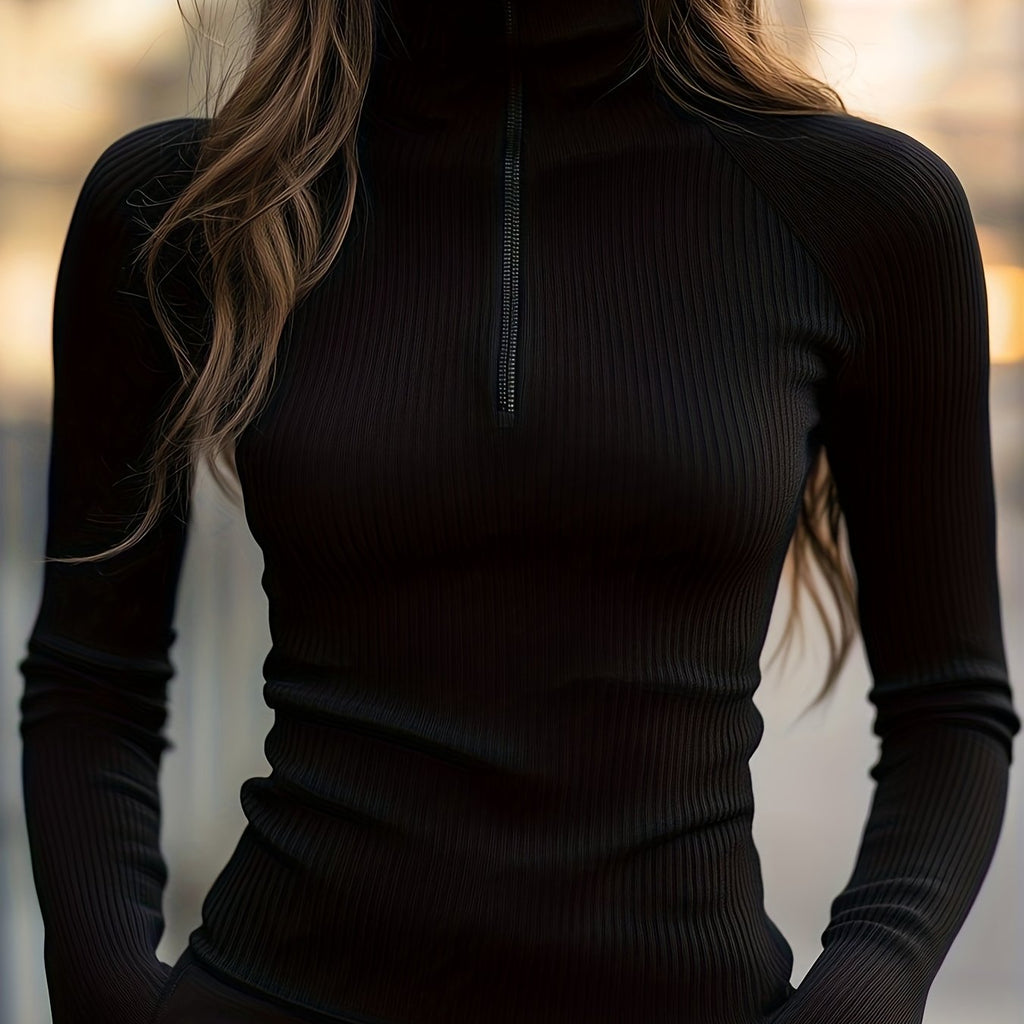 Women's Slim Fit High Neck Ribbed Zip Pullover