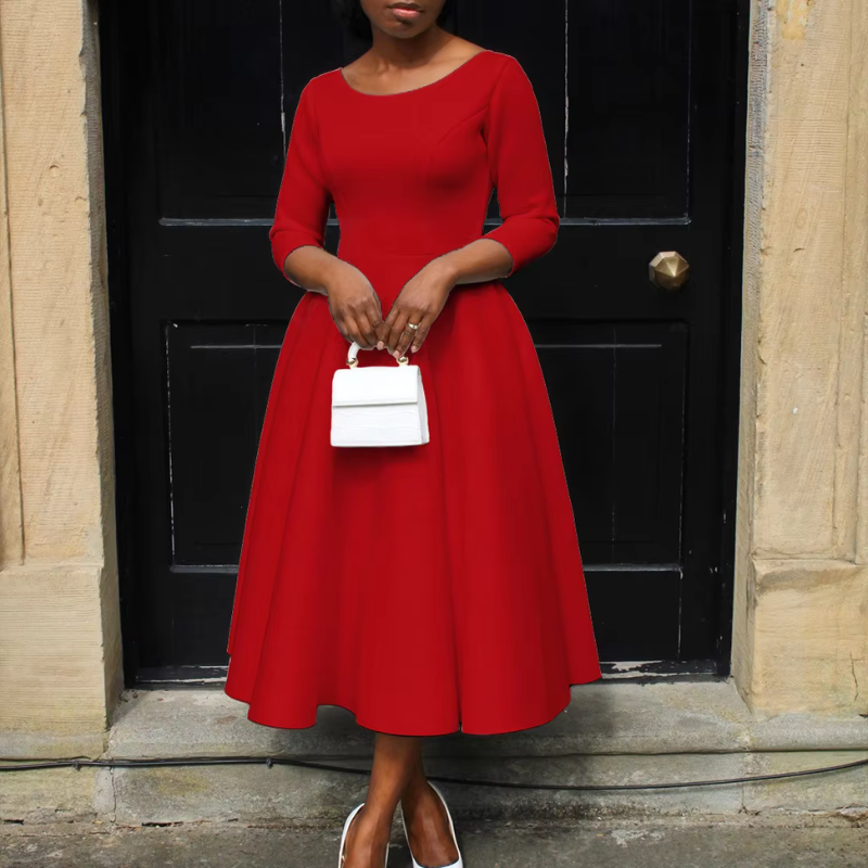 Women's Three-Quarter Sleeve A-Line Everyday Midi Dress
