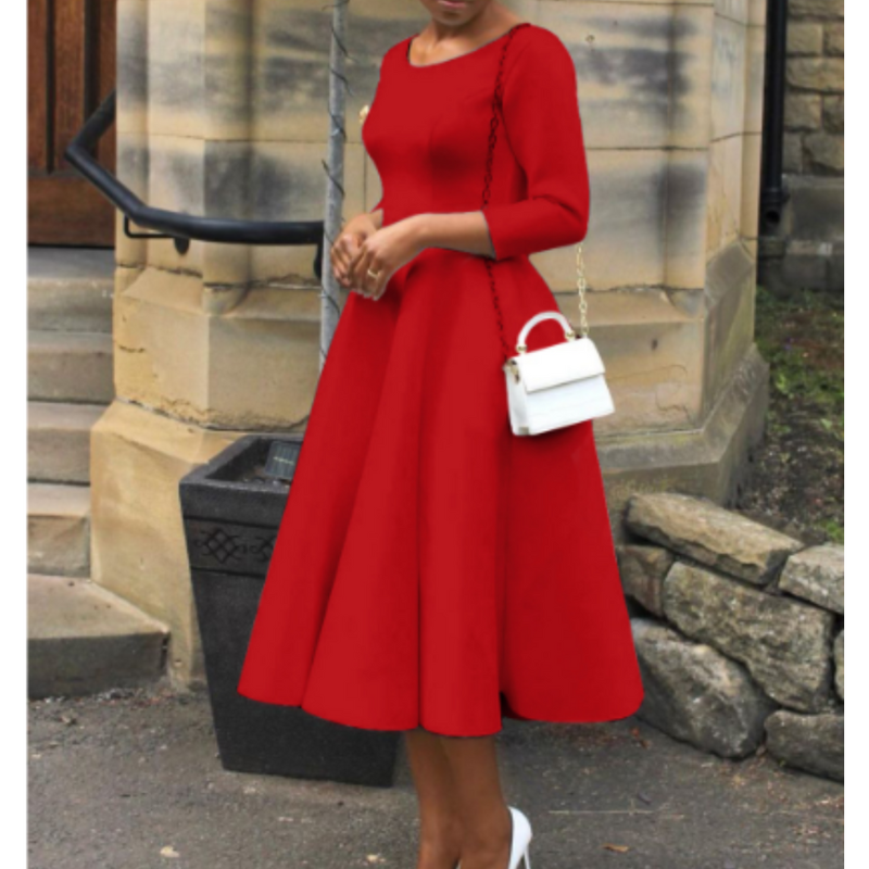 Women's Three-Quarter Sleeve A-Line Everyday Midi Dress