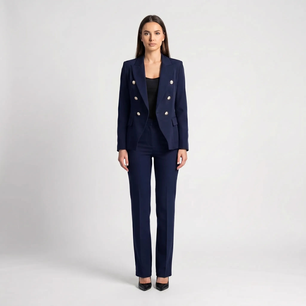 Women's Double Breasted Blazer Tailored Pants Suit Set
