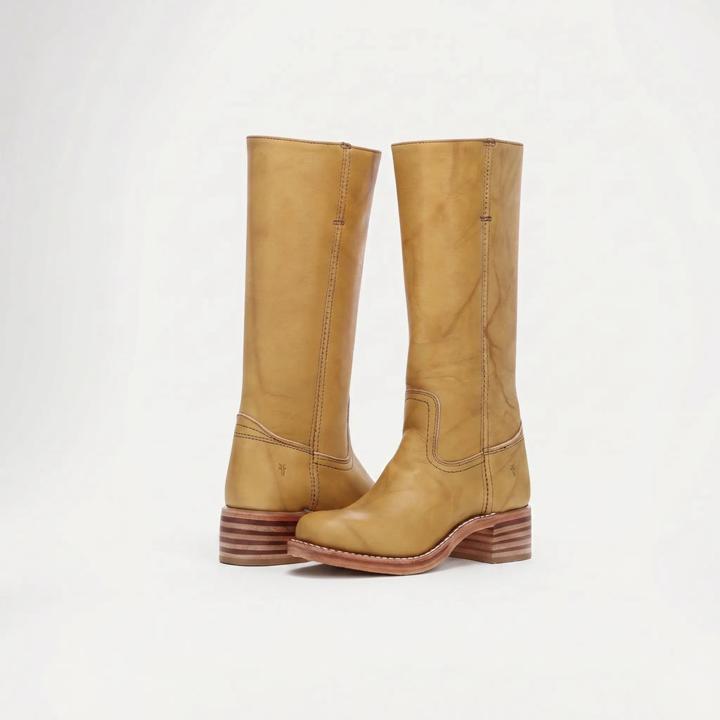 Women's Square Toe Tall Leather Boots with Stacked Heel