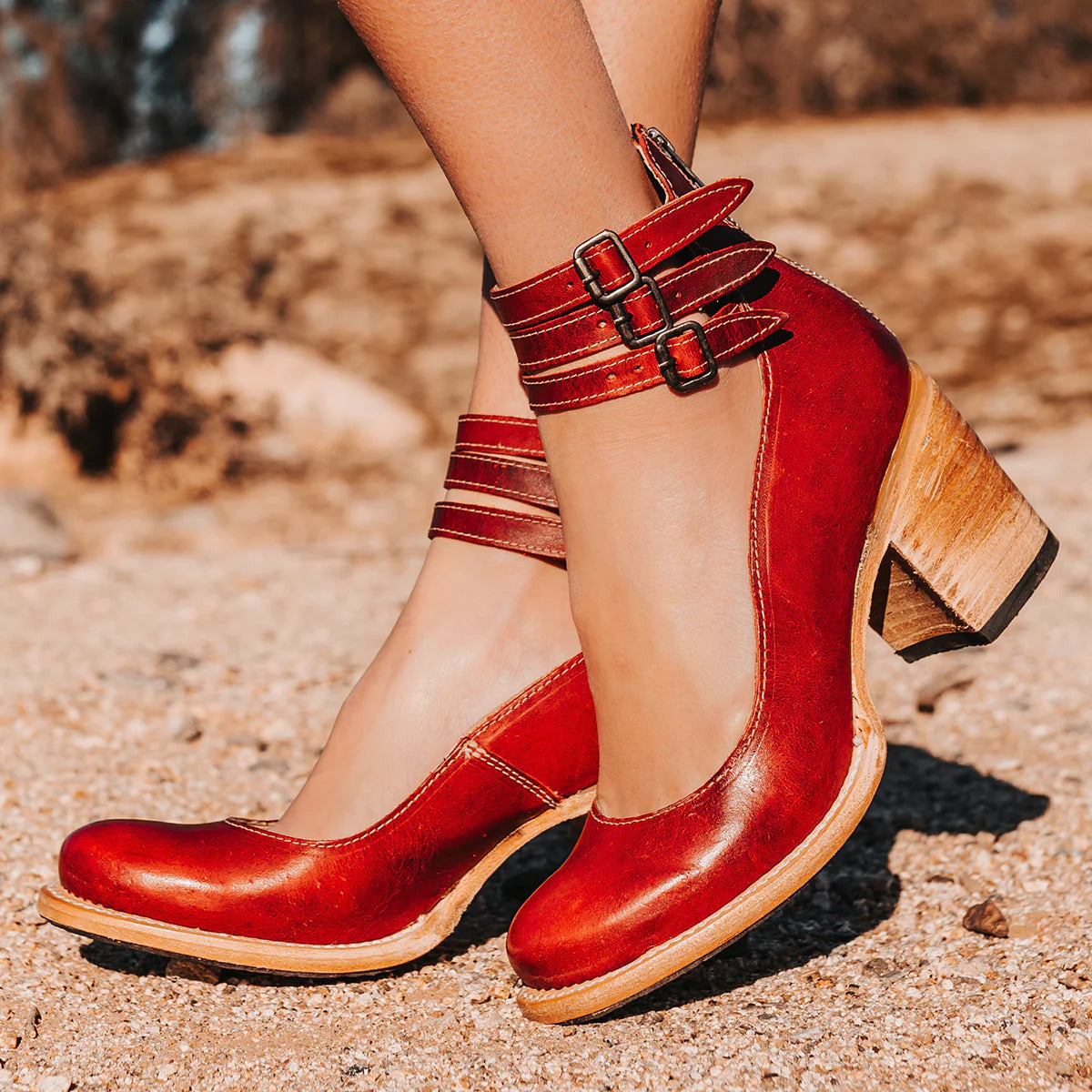 Women's Ankle Strap Block Heel Leather-Look Boots