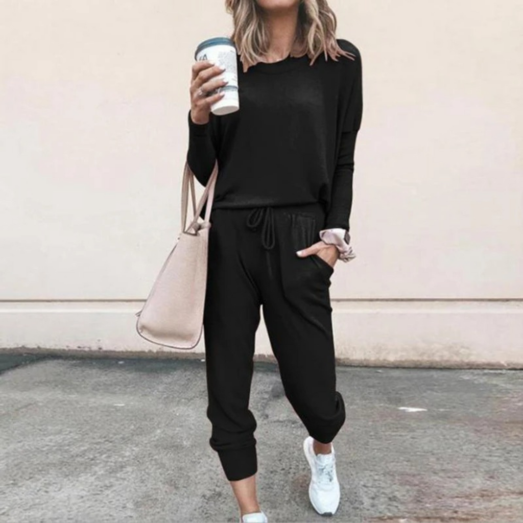Women's Round Neck Long Sleeve Tapered Jogger Set