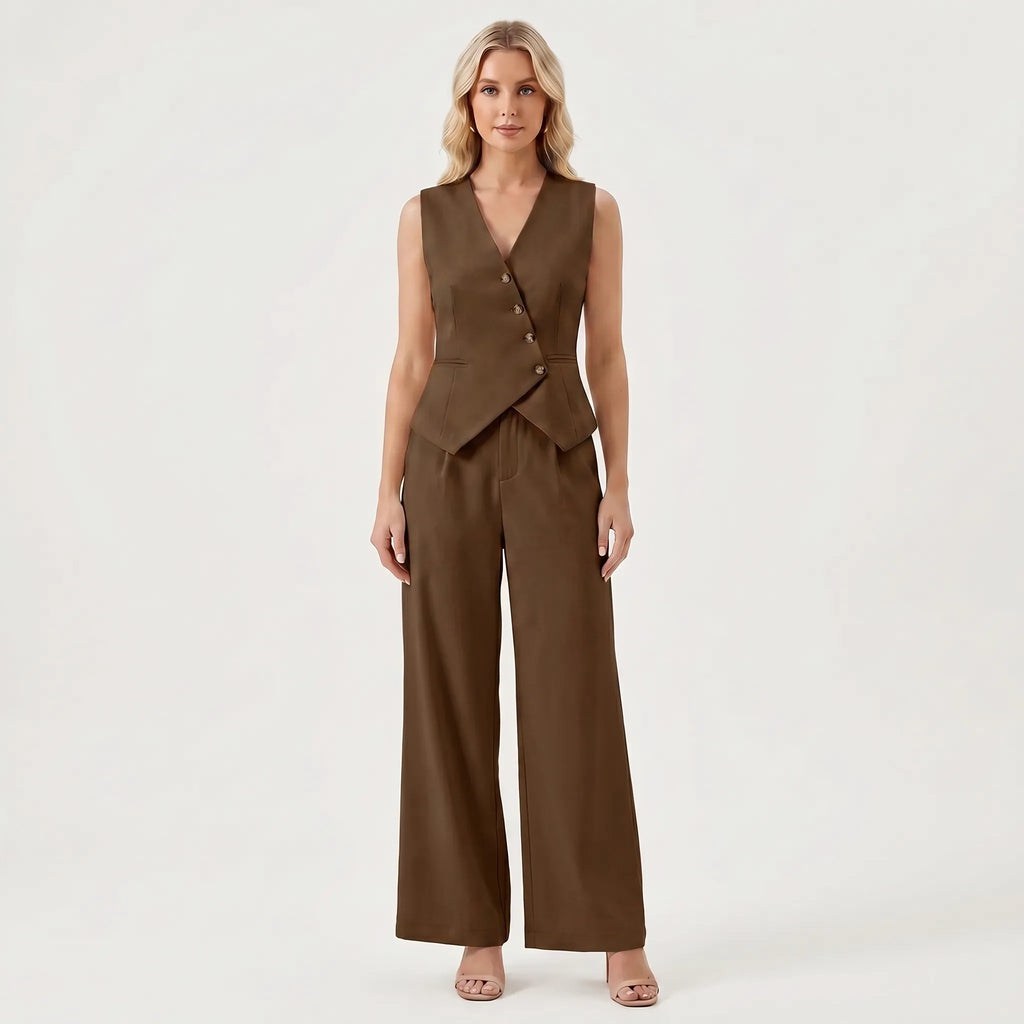 Women's Structured Button-Front Vest Wide Leg Pants Set