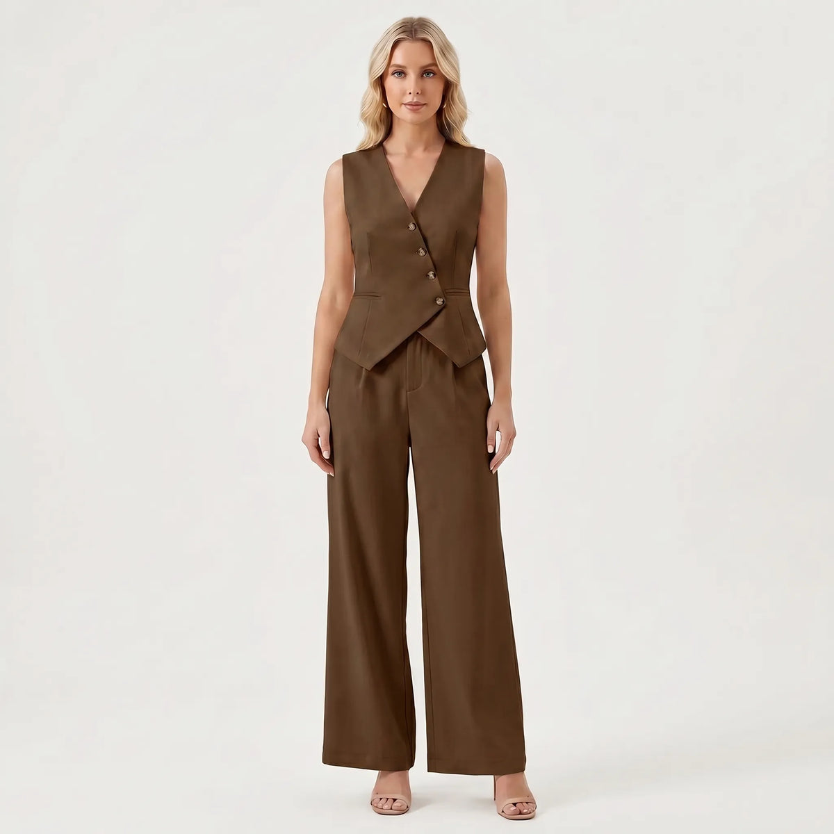 Women's Structured Button-Front Vest Wide Leg Pants Set