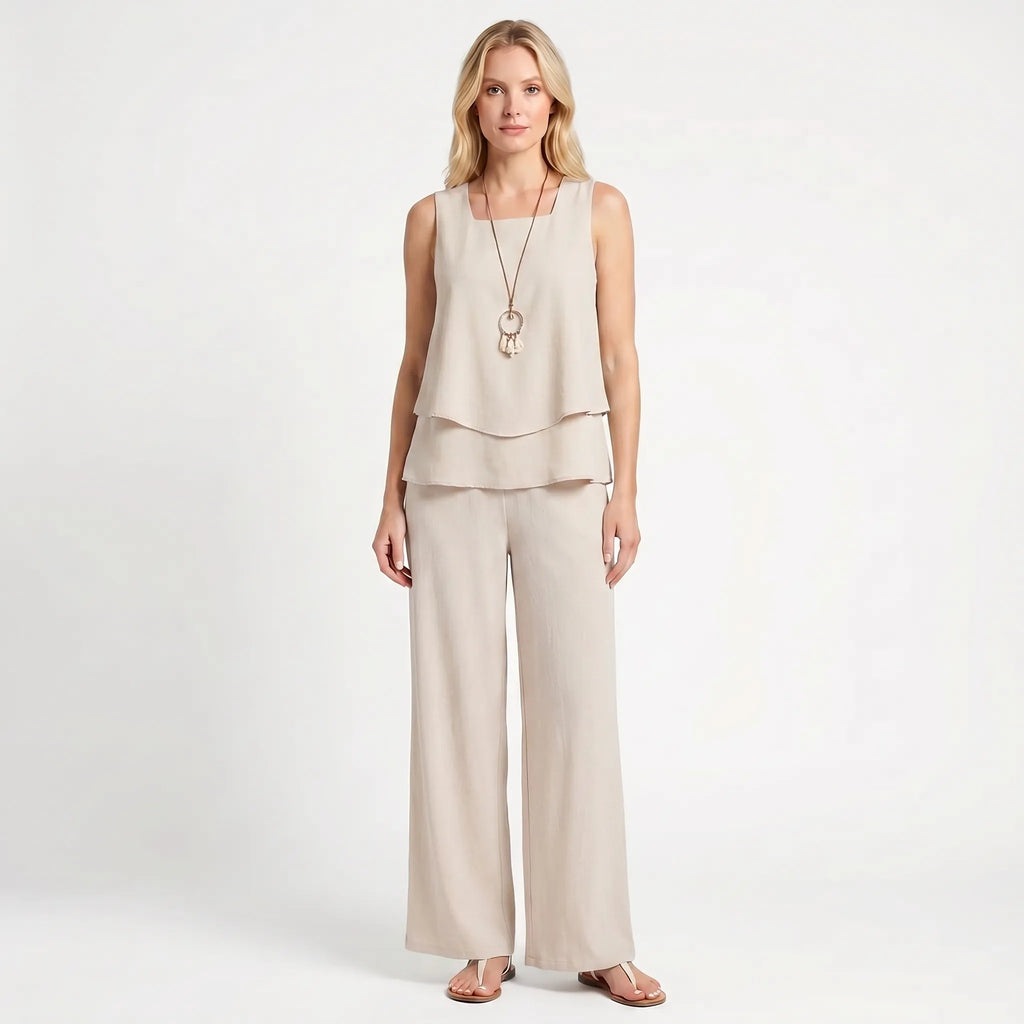 Women's Layered Sleeveless Top Printed Wide Leg Pants Set