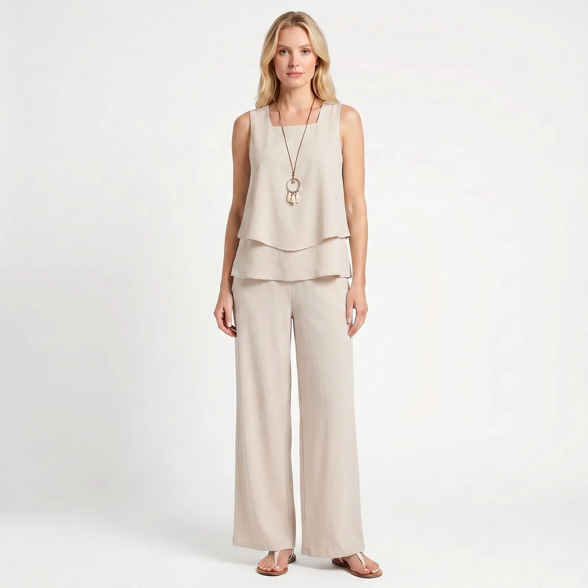 Women's Layered Sleeveless Top Printed Wide Leg Pants Set