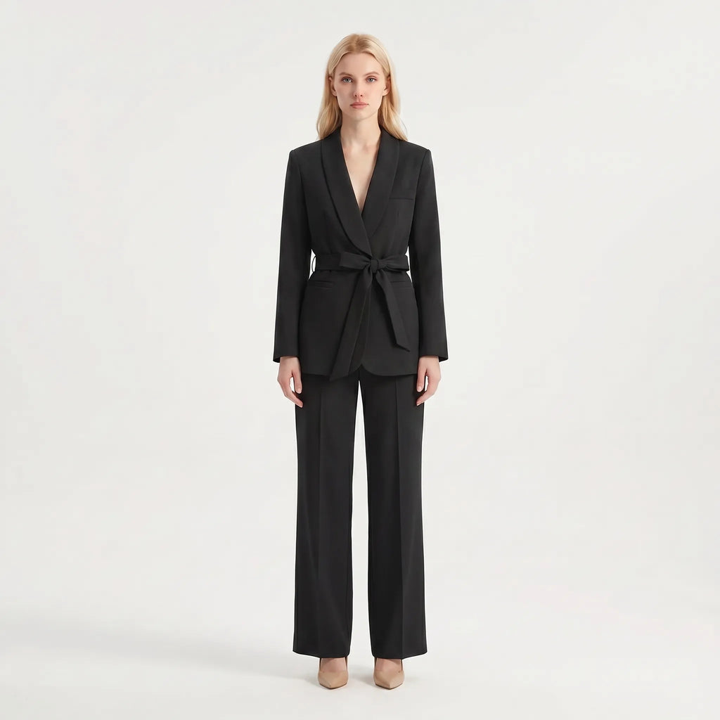 Women's Shawl Lapel Belted Blazer Wide Leg Pantsuit