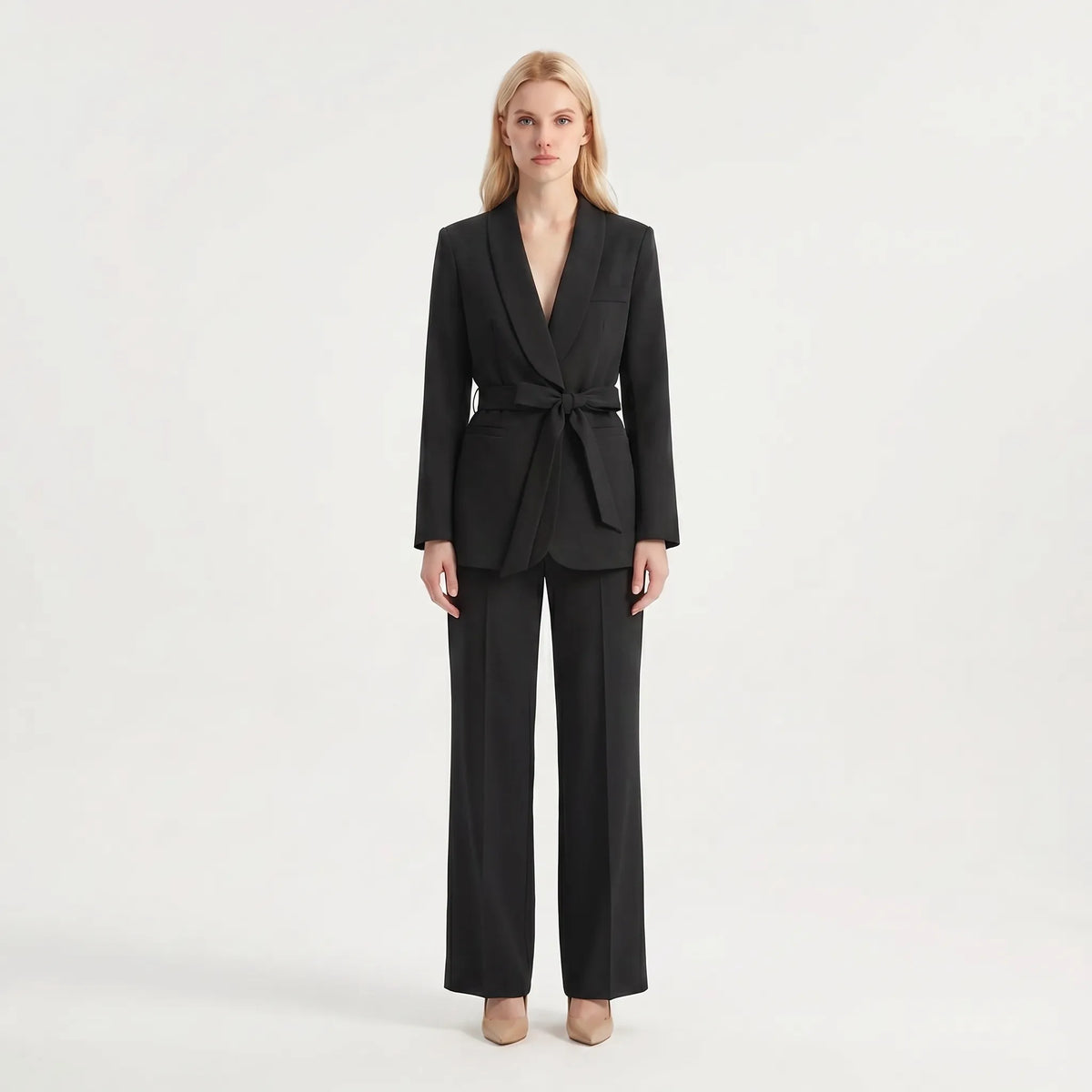 Women's Shawl Lapel Belted Blazer Wide Leg Pantsuit
