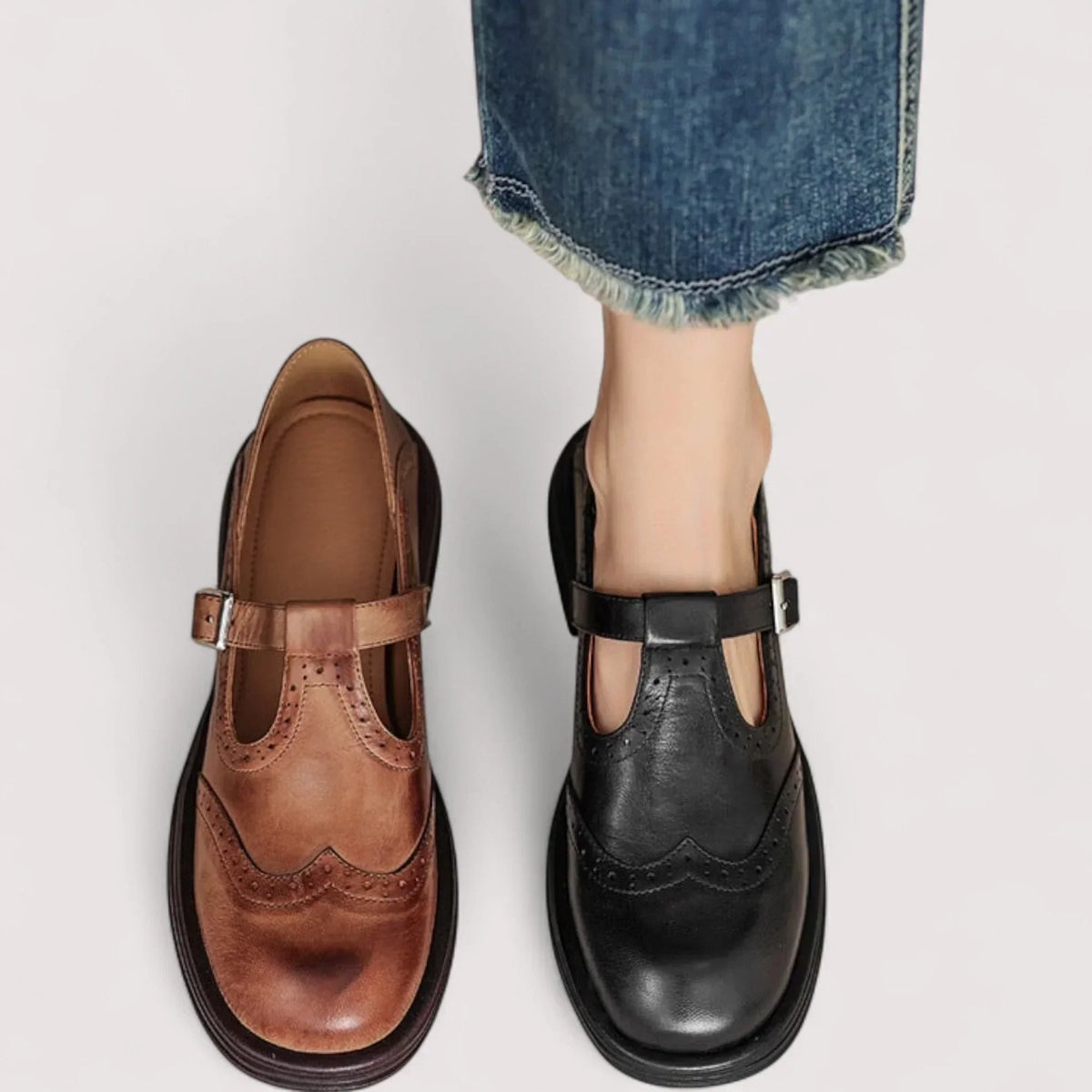 Women's Brogue Detail Adjustable Buckle T-Bar Shoes