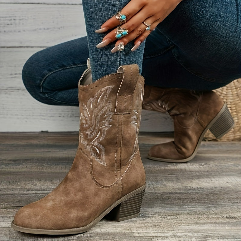 Women's Embroidered Mid-Calf Western Boots with Roomy Shaft