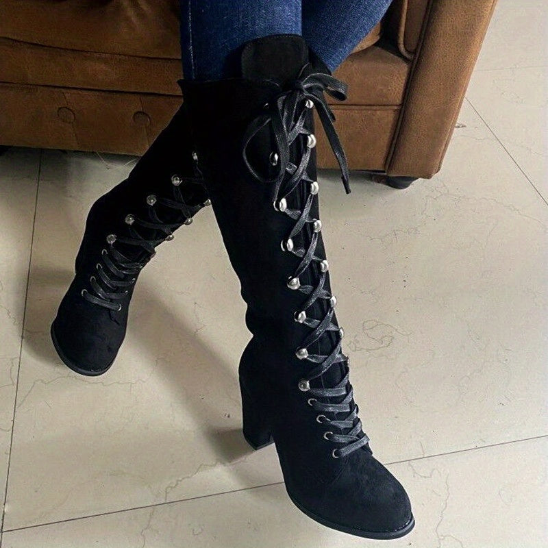 Women's Tall Boots with Front Lacing and Chunky Heel