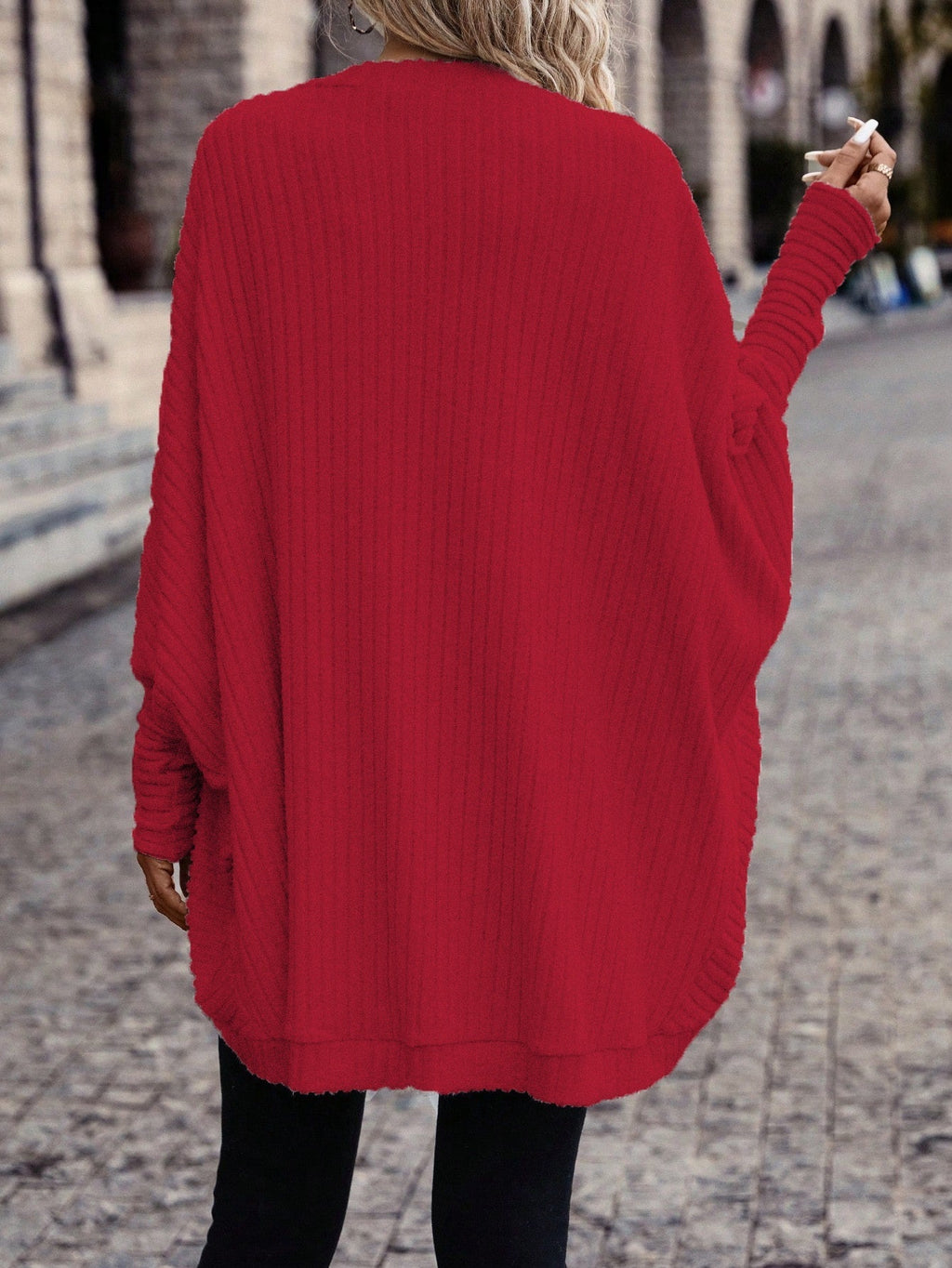 Women's Ribbed Draped Cardigan with Open Front