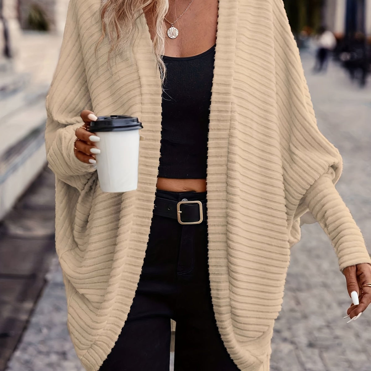 Women's Ribbed Draped Cardigan with Open Front