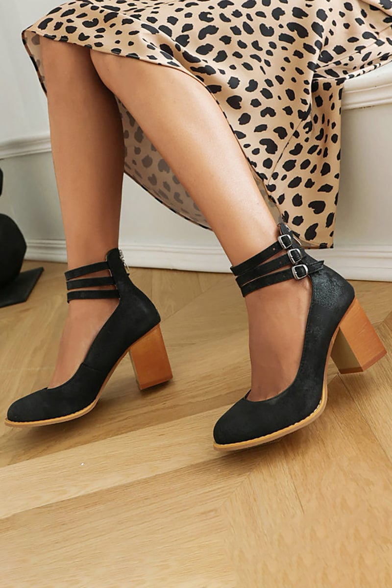 Women's Block Heel Booties with Three Buckle Straps