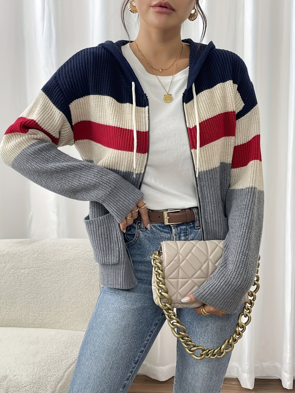 Women's Hooded Ribbed Knit Full-Zip Layering Cardigan