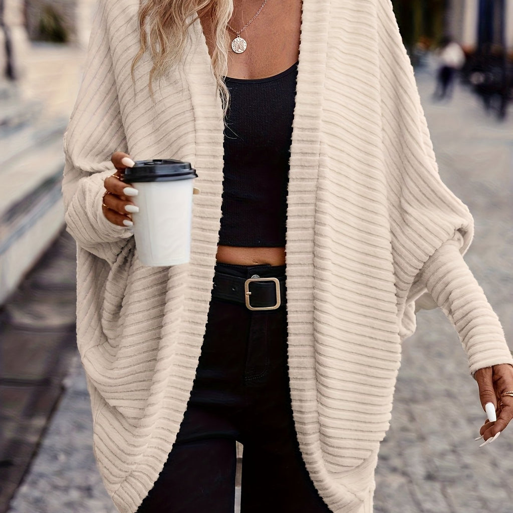 Women's Ribbed Draped Cardigan with Open Front