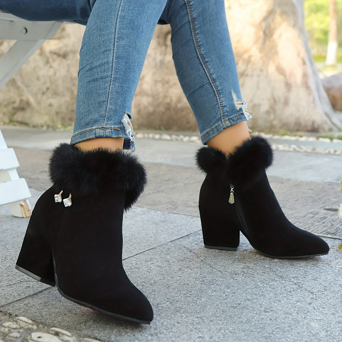 Women's Pointed Toe Booties with Plush Trim