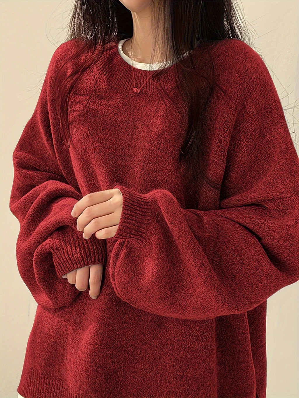 Women's Thick Knit Round Neck Drop-Shoulder Sweater