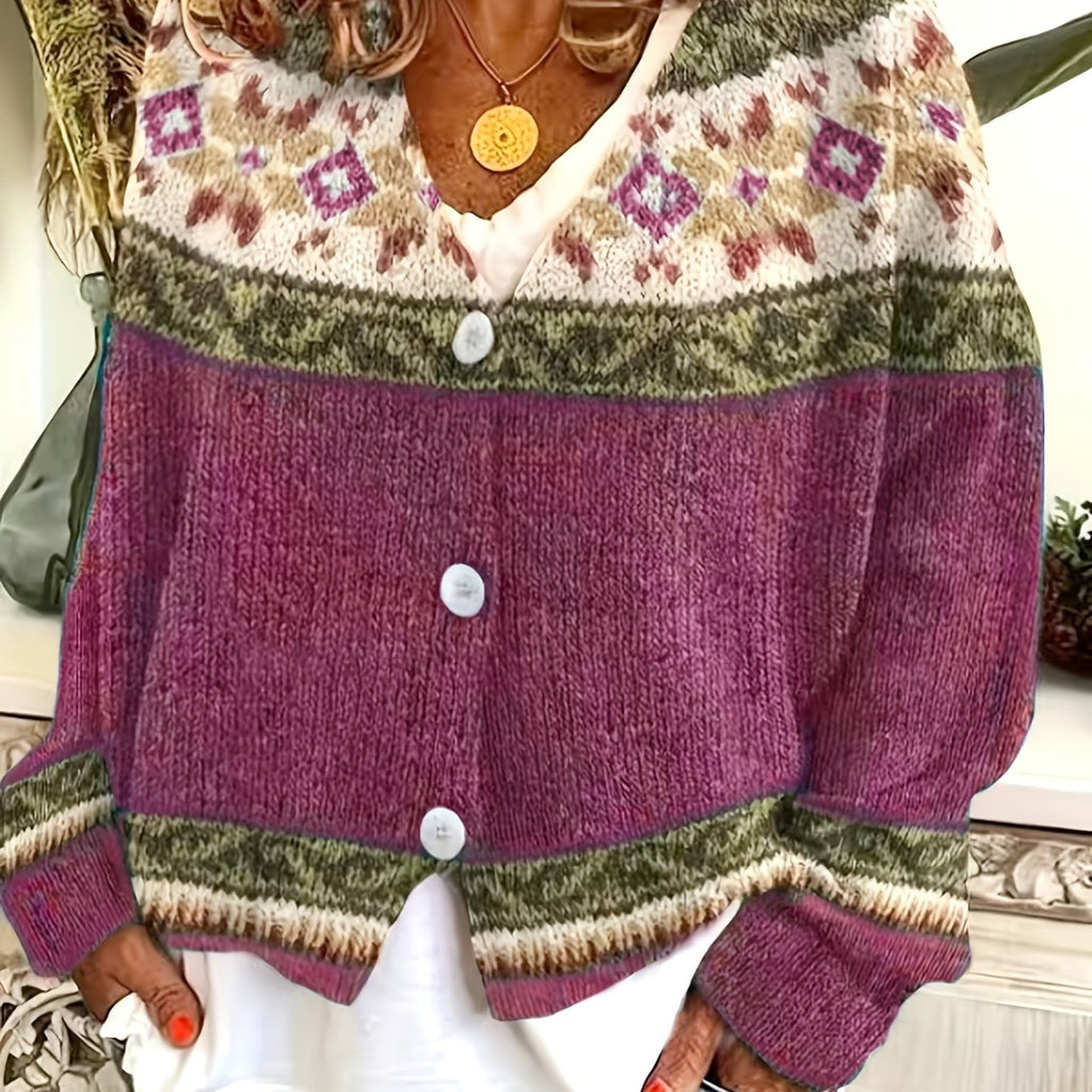 Women's Button-Up Cardigan with Patterned Geometric Yoke